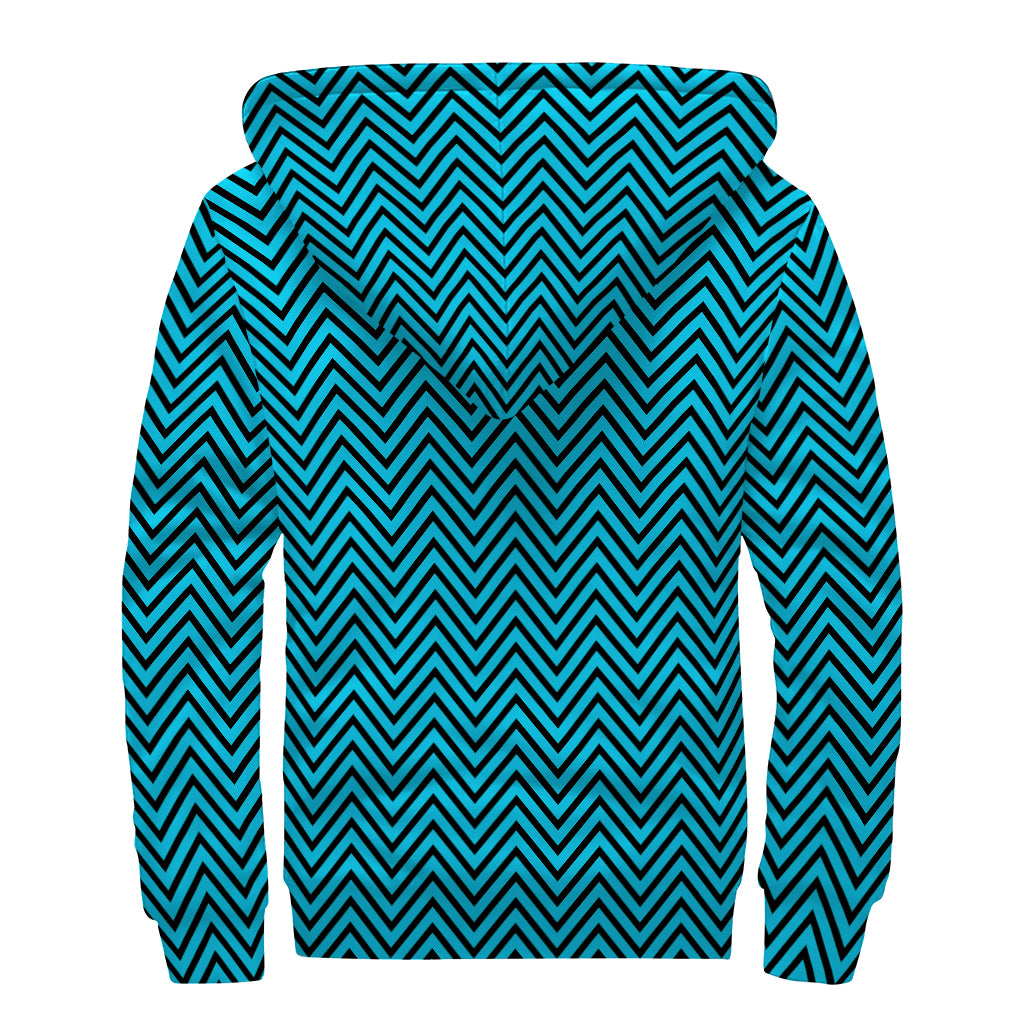 Black And Blue Chevron Pattern Print Sherpa Lined Zip Up Hoodie
