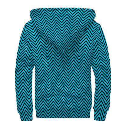 Black And Blue Chevron Pattern Print Sherpa Lined Zip Up Hoodie