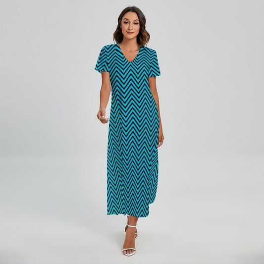 Black And Blue Chevron Pattern Print Short Sleeve Maxi Dress