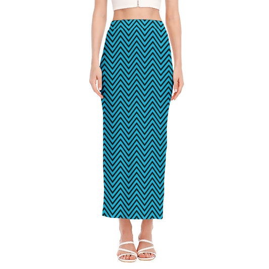 Black And Blue Chevron Pattern Print Side Slit Maxi Skirt