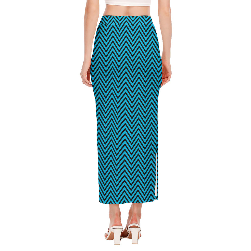 Black And Blue Chevron Pattern Print Side Slit Maxi Skirt