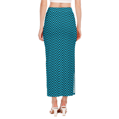 Black And Blue Chevron Pattern Print Side Slit Maxi Skirt