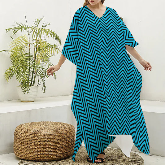 Black And Blue Chevron Pattern Print Silk V-Neck Kaftan Dress