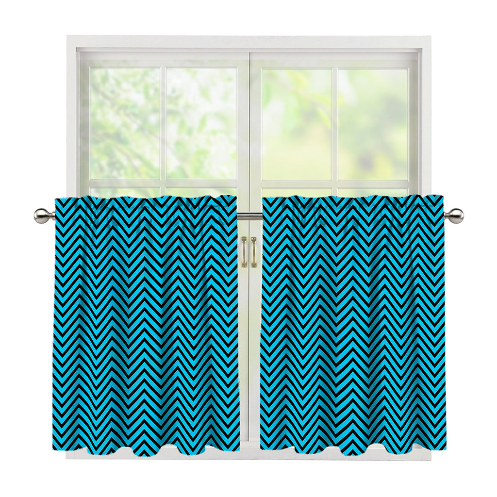 Black And Blue Chevron Pattern Print Tier Curtains
