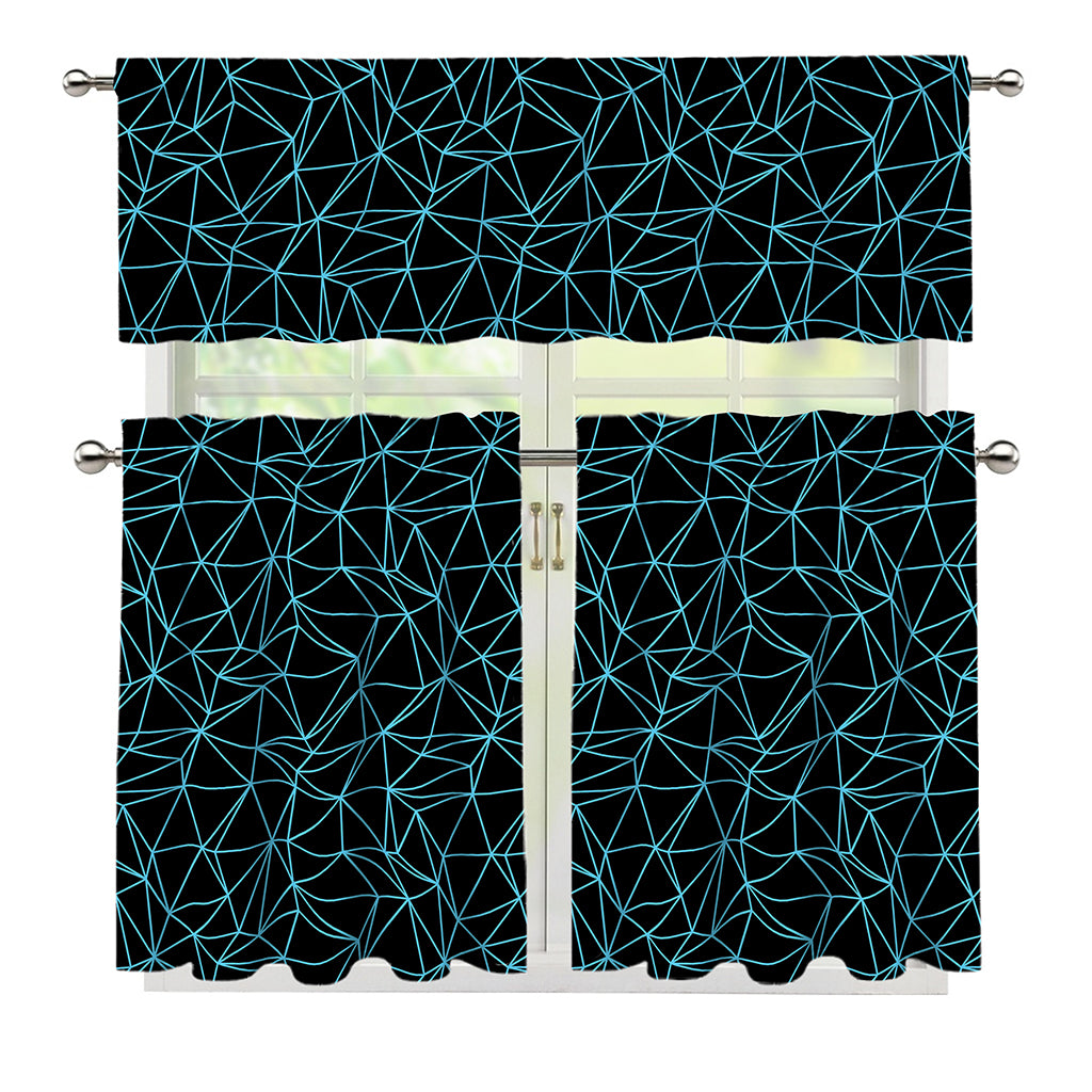 Black And Blue Geometric Mosaic Print 3 Piece Kitchen Curtains