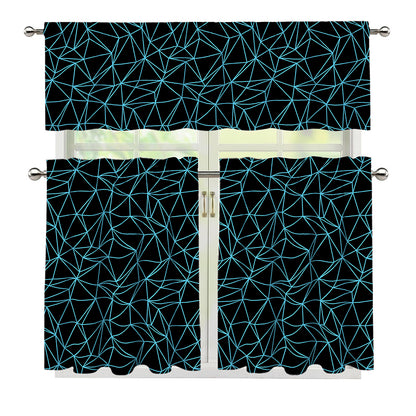 Black And Blue Geometric Mosaic Print 3 Piece Kitchen Curtains