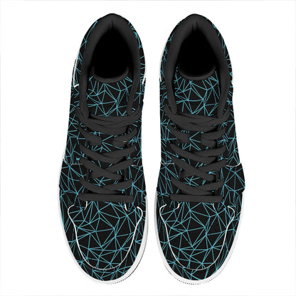 Black And Blue Geometric Mosaic Print High Top Leather Sneakers