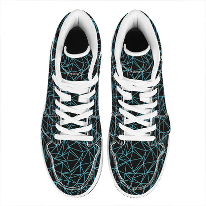 Black And Blue Geometric Mosaic Print High Top Leather Sneakers