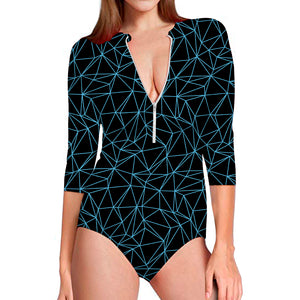 Black And Blue Geometric Mosaic Print Long Sleeve Swimsuit
