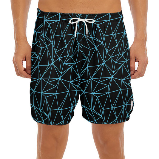 Black And Blue Geometric Mosaic Print Men's Split Running Shorts