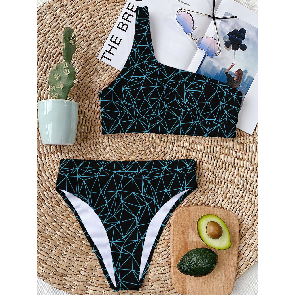 Black And Blue Geometric Mosaic Print One Shoulder Bikini Top
