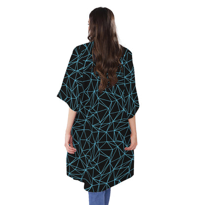 Black And Blue Geometric Mosaic Print Open Front Beach Cover Up