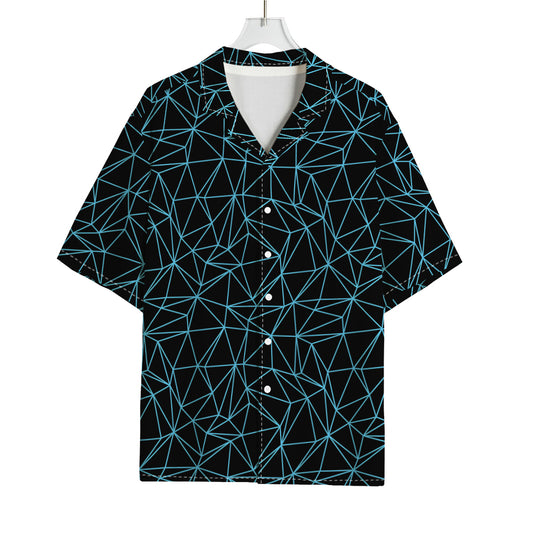Black And Blue Geometric Mosaic Print Rayon Hawaiian Shirt