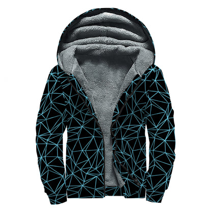 Black And Blue Geometric Mosaic Print Sherpa Lined Zip Up Hoodie
