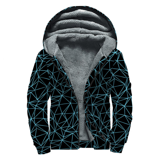 Black And Blue Geometric Mosaic Print Sherpa Lined Zip Up Hoodie