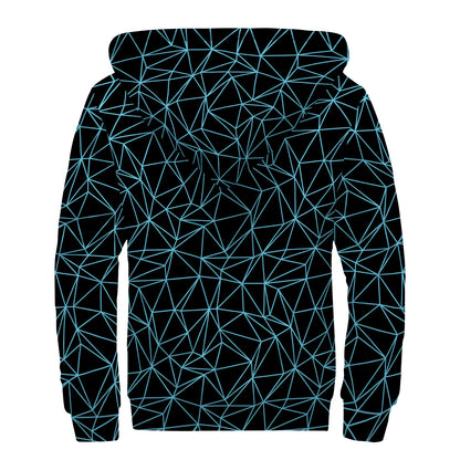 Black And Blue Geometric Mosaic Print Sherpa Lined Zip Up Hoodie