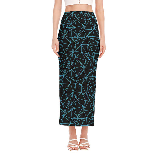 Black And Blue Geometric Mosaic Print Side Slit Maxi Skirt