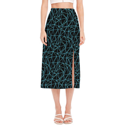 Black And Blue Geometric Mosaic Print Side Slit Midi Skirt