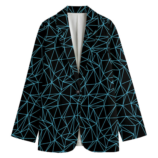 Black And Blue Geometric Mosaic Print Women's Cotton Blazer