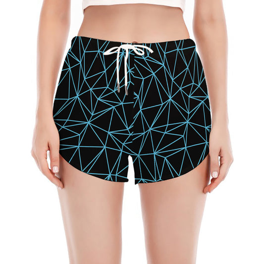 Black And Blue Geometric Mosaic Print Women's Split Running Shorts
