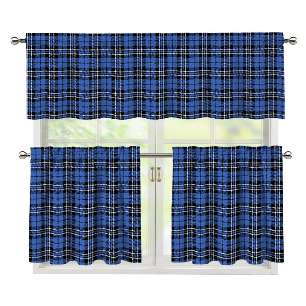 Black And Blue Tartan Pattern Print 3 Piece Kitchen Curtains
