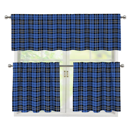 Black And Blue Tartan Pattern Print 3 Piece Kitchen Curtains