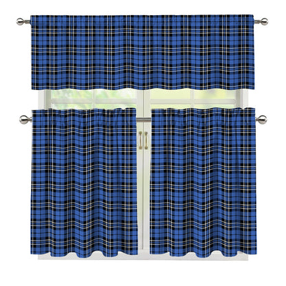 Black And Blue Tartan Pattern Print 3 Piece Kitchen Curtains