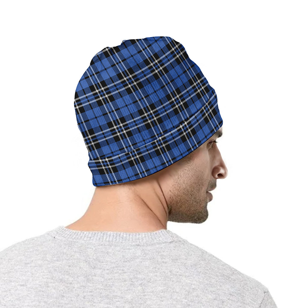 Black And Blue Tartan Pattern Print Beanie