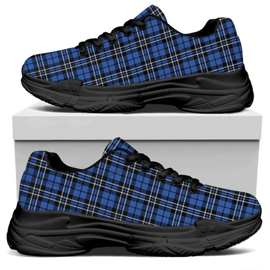 Black And Blue Tartan Pattern Print Black Chunky Shoes