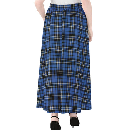 Black And Blue Tartan Pattern Print Chiffon Maxi Skirt