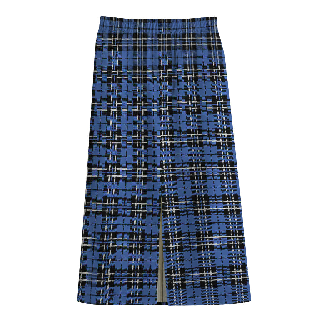 Black And Blue Tartan Pattern Print Cotton Front Slit Maxi Skirt