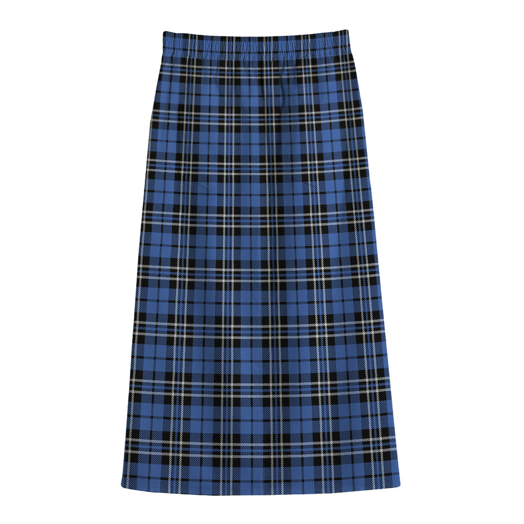 Black And Blue Tartan Pattern Print Cotton Front Slit Maxi Skirt