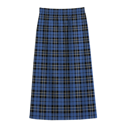 Black And Blue Tartan Pattern Print Cotton Front Slit Maxi Skirt
