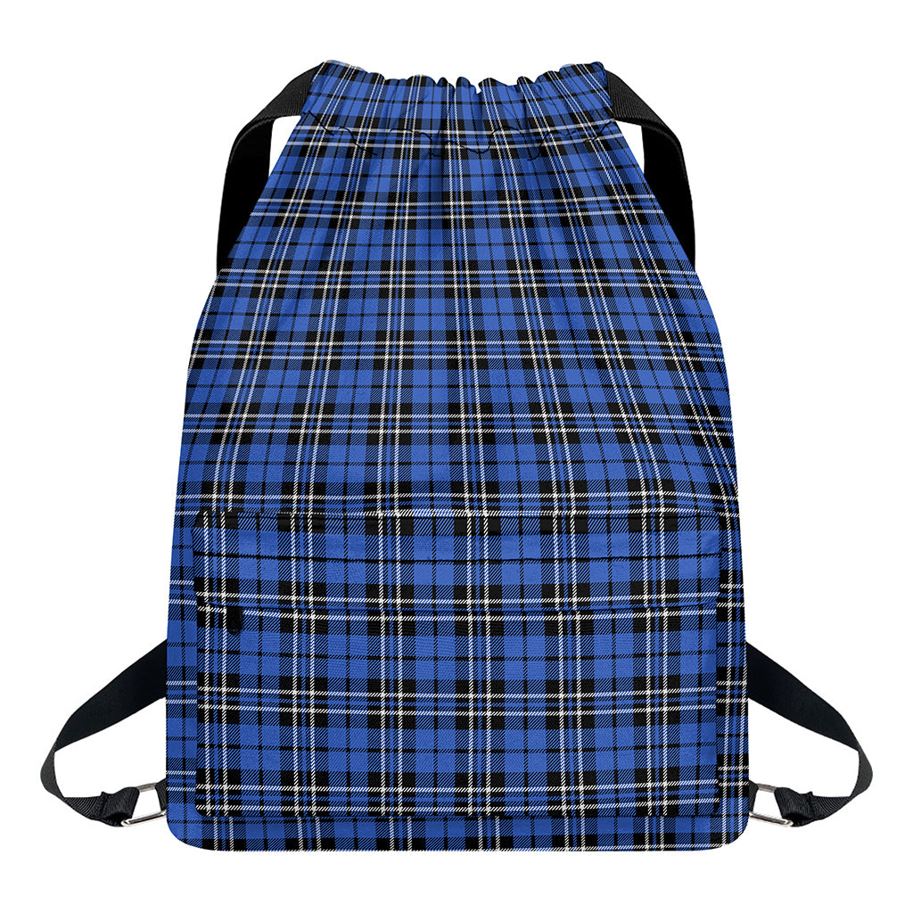 Black And Blue Tartan Pattern Print Drawstring Backpack