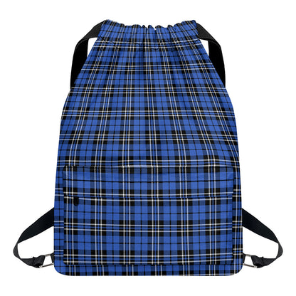 Black And Blue Tartan Pattern Print Drawstring Backpack