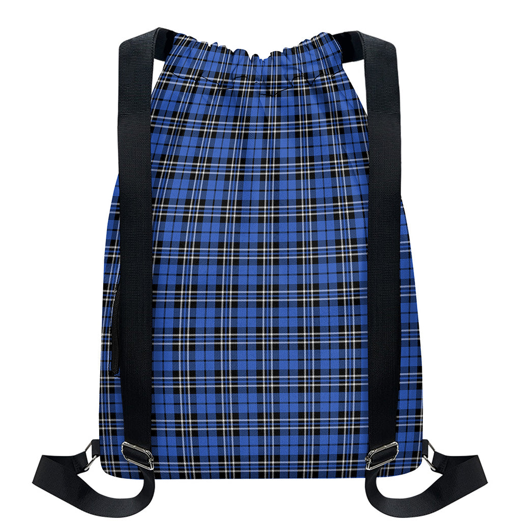 Black And Blue Tartan Pattern Print Drawstring Backpack