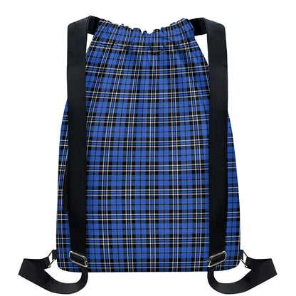Black And Blue Tartan Pattern Print Drawstring Backpack