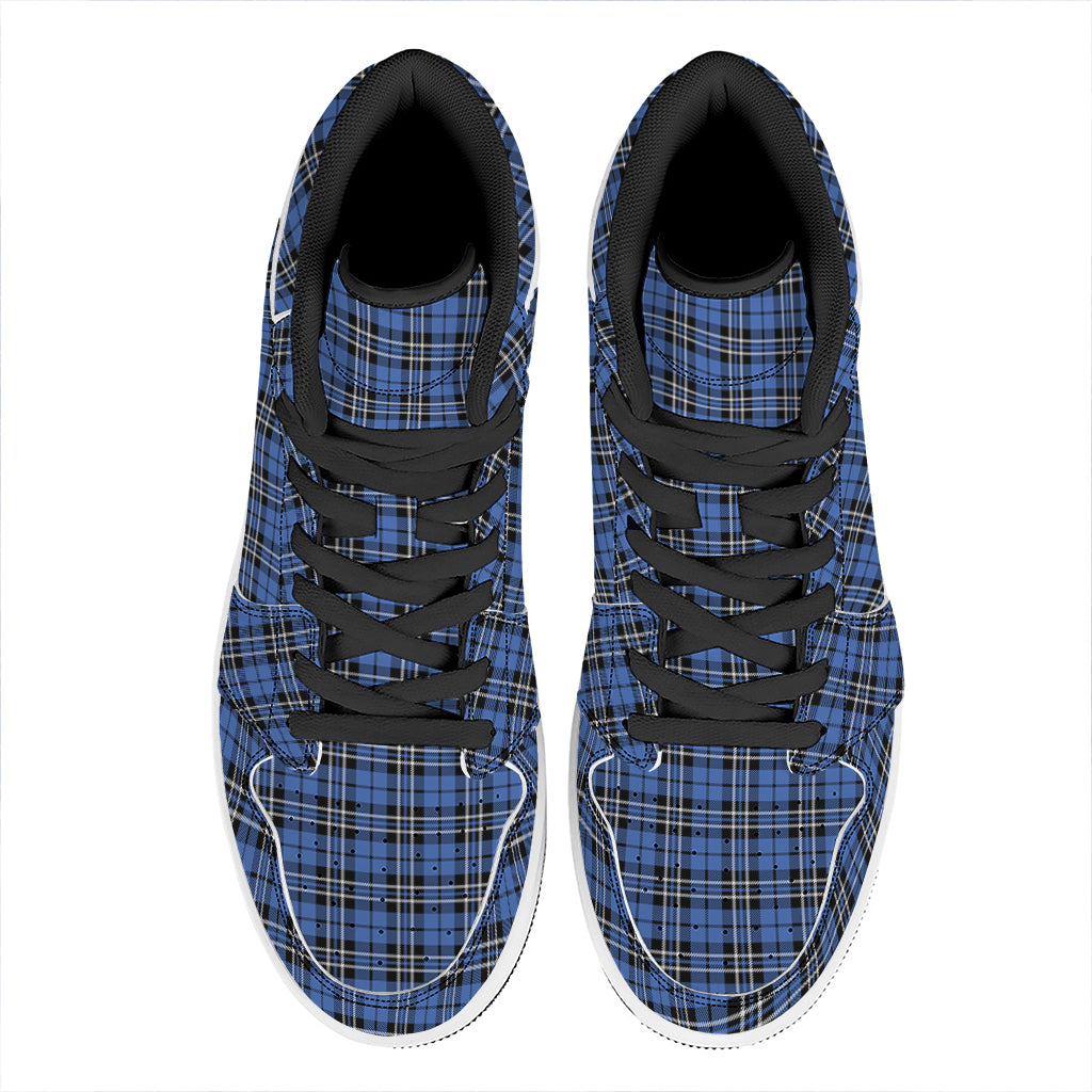 Black And Blue Tartan Pattern Print High Top Leather Sneakers