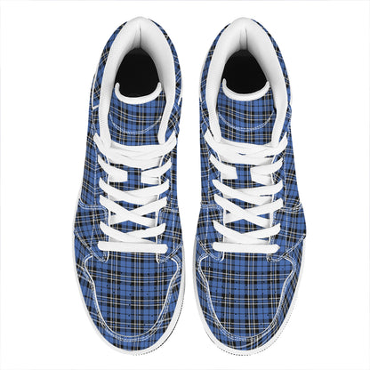 Black And Blue Tartan Pattern Print High Top Leather Sneakers