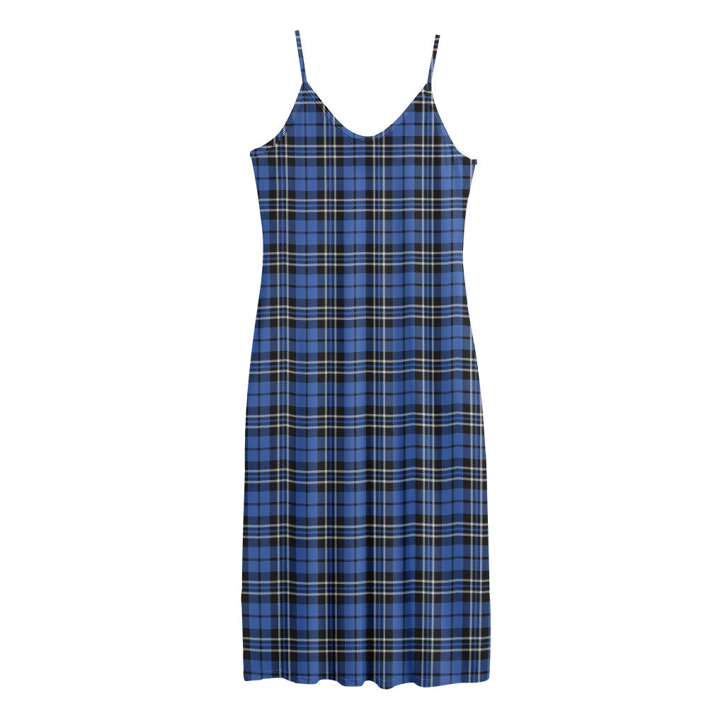 Black And Blue Tartan Pattern Print Jersey Midi Cami Dress