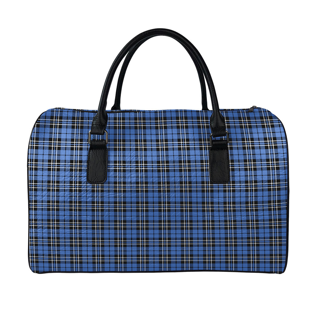Black And Blue Tartan Pattern Print Leather Duffle Bag