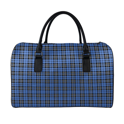 Black And Blue Tartan Pattern Print Leather Duffle Bag