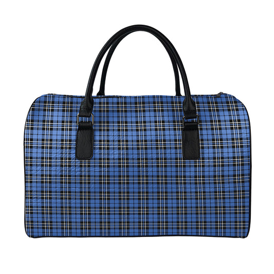 Black And Blue Tartan Pattern Print Leather Duffle Bag