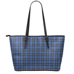 Black And Blue Tartan Pattern Print Leather Tote Bag