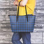 Black And Blue Tartan Pattern Print Leather Tote Bag