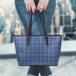 Black And Blue Tartan Pattern Print Leather Tote Bag