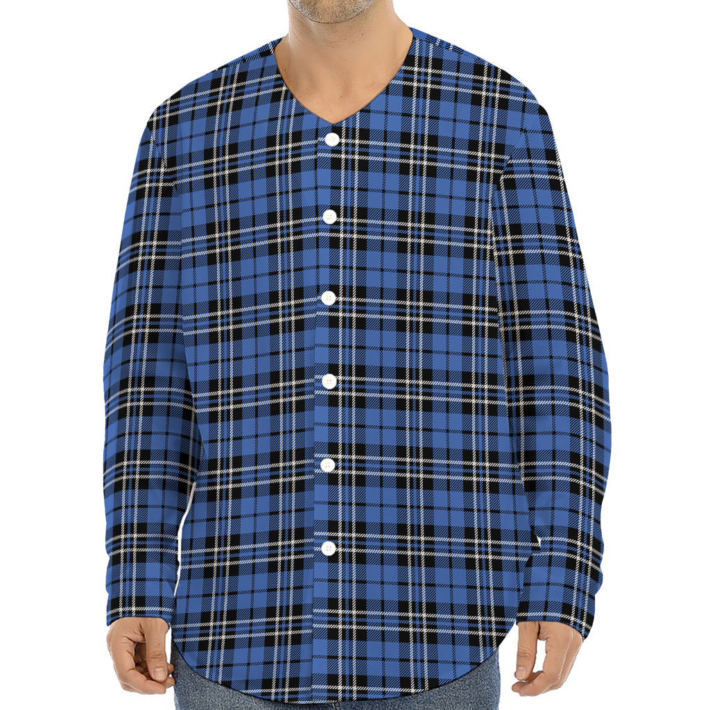 Black And Blue Tartan Pattern Print Long Sleeve Baseball Jersey