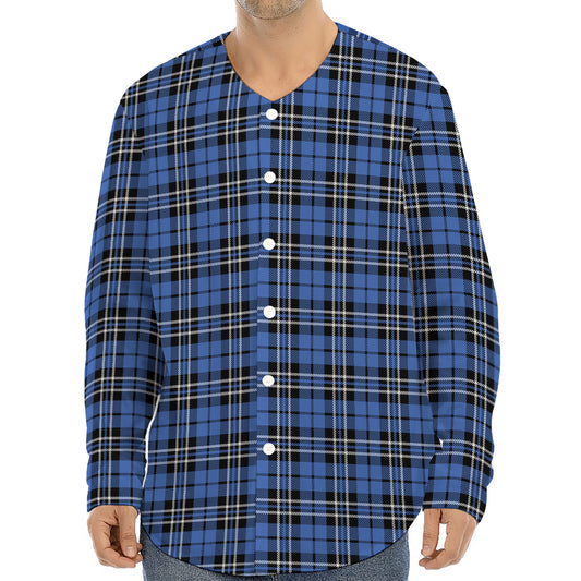 Black And Blue Tartan Pattern Print Long Sleeve Baseball Jersey