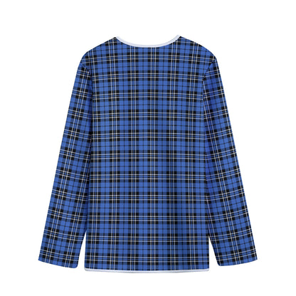 Black And Blue Tartan Pattern Print Long Sleeve Short Coat