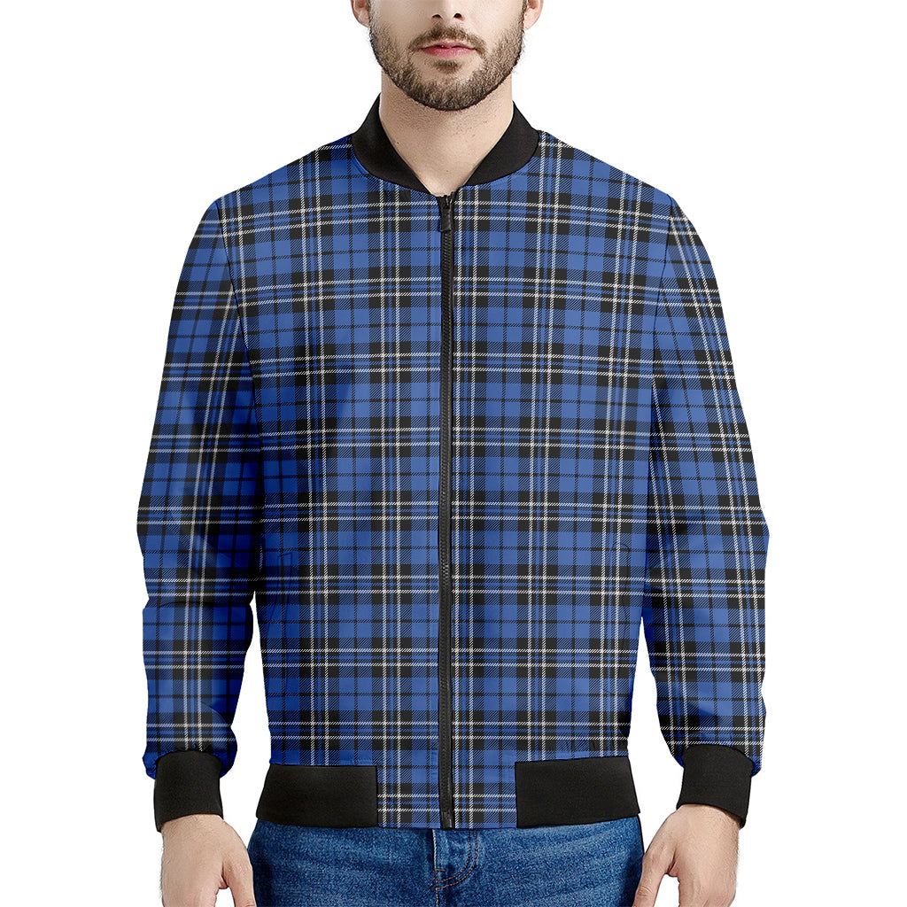 Black And Blue Tartan Pattern Print Men's Bomber Jacket